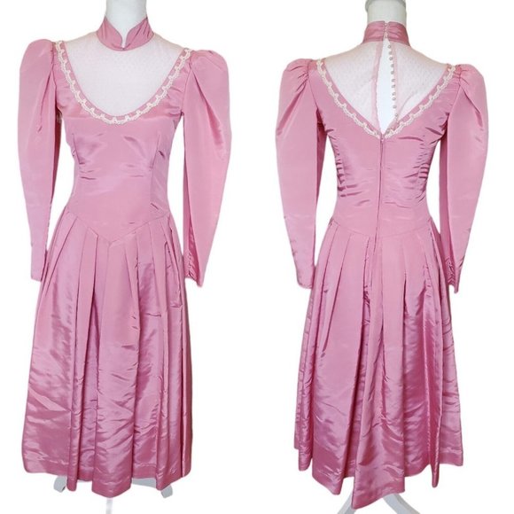 VTG 80s Pink Princess Dress Longsleeve Midi Taffeta Prom Formal Puff Sleeve Sz 4 - Picture 1 of 14